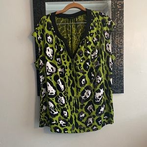 Worthington Green Black White Leopard Print Cap Sleeve Top